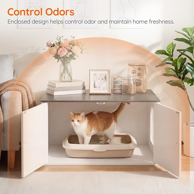 HOOBRO Cat Litter Box Enclosure, Hidden Litter Box Furniture with Side Entry, Litter Box Cabinet, Indoor Cat House, End Side Table, 31.5" L x 17.7" W x 16.3" H, White and Charcoal Gray BW40MW01