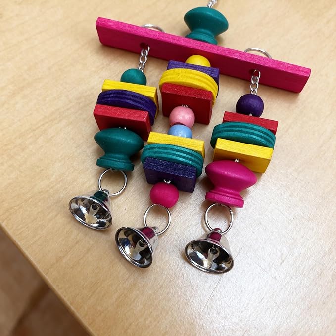 Hypeety Parrot Hanging Swing Bells Chew Toy Colorful Hanging Wood Block Natural Birds Toy for Parrot Macaw African Greys Cockatiels Budgies Conure Cage