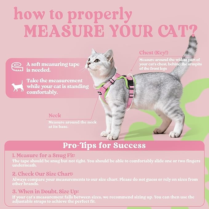rabbitgoo Cat Harness and Leash for Walking, Escape Proof Soft Adjustable Vest Harnesses for Cats, Easy Control Breathable Reflective Strips Jacket, Pink&Light Green, M