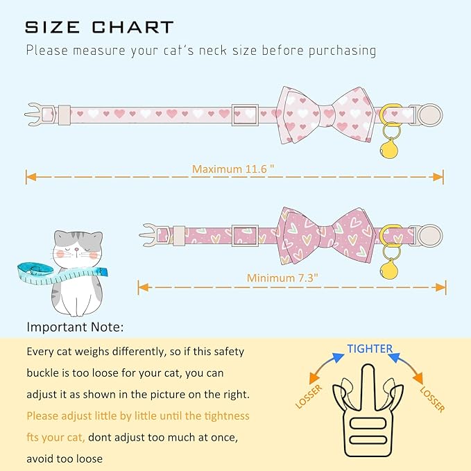 Faygarsle 2 Pack Breakaway Cat Collar with Bow and Bell, Heart Pattern, Pink, Adjustable Safety Buckle, Valentine's Day Theme