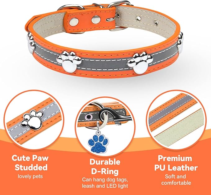 PETCARE Reflective Dog Collar with Cute Paw Rivet Studded Funny Soft PU Leather Adjustable Puppy Dog Collars for Small Medium Large Dogs Cats (Orange,Medium)