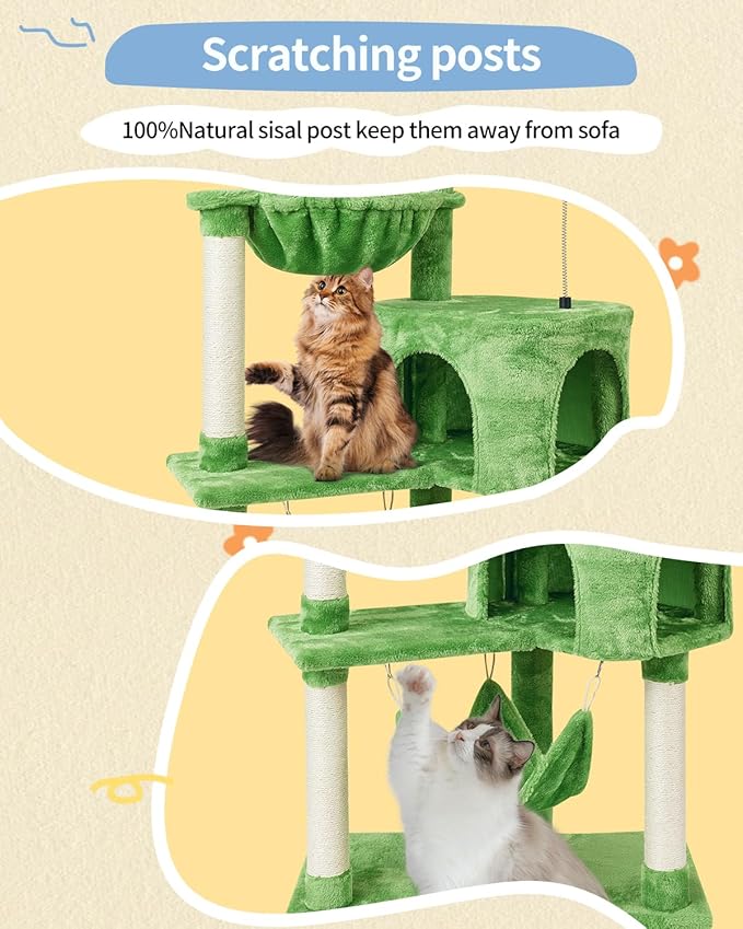 KIYUMI Cat Tree Cat Tower Condo with Sisal Scratching Post for Indoor Cats Tree Furniture with Hammock Perch and Kitten Ball Toys, Multi-Level Pet Activity Center (Green)