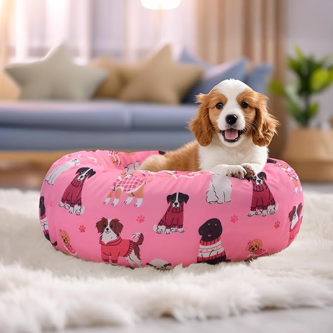 Round Replacement Dog Bed Covers Elastic Edged Washable Pet Bed Protector with Pink Dog Pattern Design for Small & Medium Pet Beds, Cover Only (Pink, 30 x 9.8 Inch)