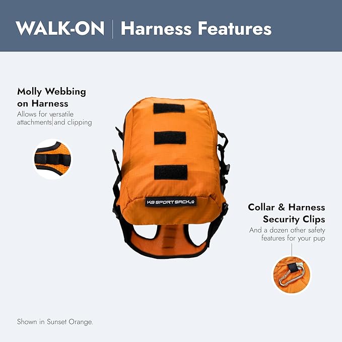K9 Sport Sack Walk-On - X-Small, Sunset Orange - Ideal for Dogs with 9-12” Back Length - Lightweight, Packable, Backpack-Style Carrier - Includes Compatible Harness & Storage Bag