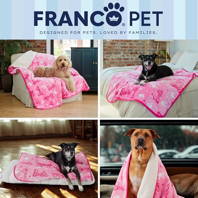 Franco Pet Barbie Super Soft Cozy Waterproof Sherpa-Backed Blanket Throw for Large Dogs, Couch/Bed/Car, 50x60 (Officially Licensed Product)