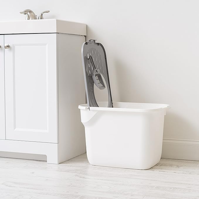 IRIS USA Cat Litter Box, Large Cat Box Enclosure, Top Entry with Litter Catching Lid, Enclosed with Scoop, White/Gray
