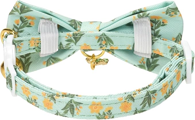 2 Pack Cat Collars, Removable Bowtie, Floral Pattern, Safety Breakaway Clasp, Adjustable for Cats.(Adult Cat,Mint Green and Lt Pink with Floral)