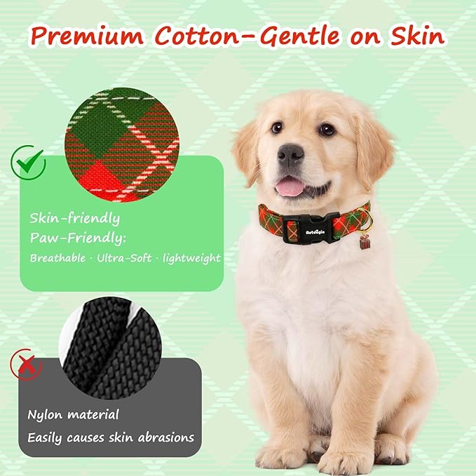 Medium Christmas Dog Collar,Adjustable Dog Christmas Collars, Red Green Plaid Puppy Collar, Cute Dog Collars Holiday Collar for Girl Boy Dogs-M
