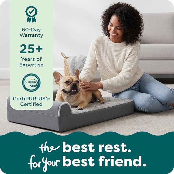 FurHaven Orthopedic Dog Bed for Medium Dogs, L-Shaped Chaise Mattress with Orthopedic Egg Crate & a Solid Orthopedic Foam Base for Joint Support, Washable Cover, Medium, Faux Fur & Suede, Stone Gray