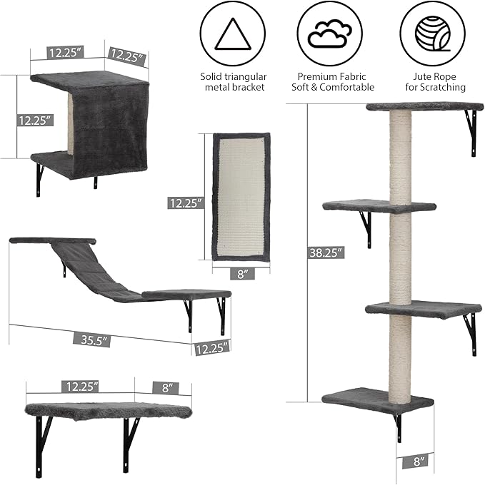 COZIWOW Wall Mounted Cat Furniture, Cat Wall Shelves and Perches, Floating Cat Shelves for Wall Set of 5 (Black)