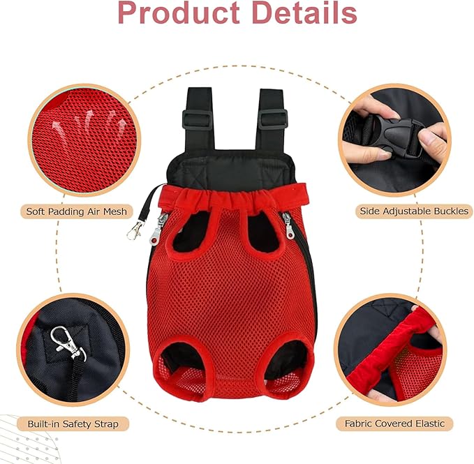 Dog Carrier Backpack, Adjustable Puppy Front Carrier Backpack, Ventilated Dog Chest Carrier for Hiking Camping Travel, Sling Bag for Small Medium Dog Cat Rabbit Puppies, Suit 3-5 lbs (Red, S)