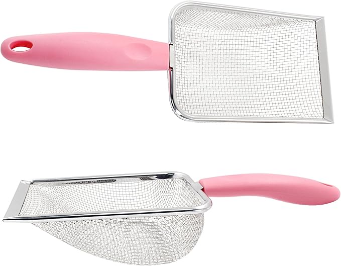 Hordion Cat Litter Scoop Stainless Steel Mesh Scooper, 2mm Mesh Non-Stick Coated Metal Litter Shovel Fine Sand Litter Scooper for Litter Box Kitten Pooper Lifter, Pink