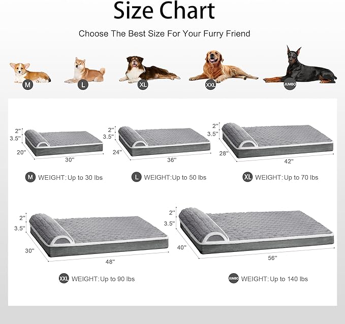 Orthopedic Jumbo Dog Bed Large Sized Dog with Pillow 56''X40'' Waterproof Soft Comfortable Egg Crate Foam Pet Crate Beds Mat with Removable Washable Cover and Non-Slip Bottom, Gray
