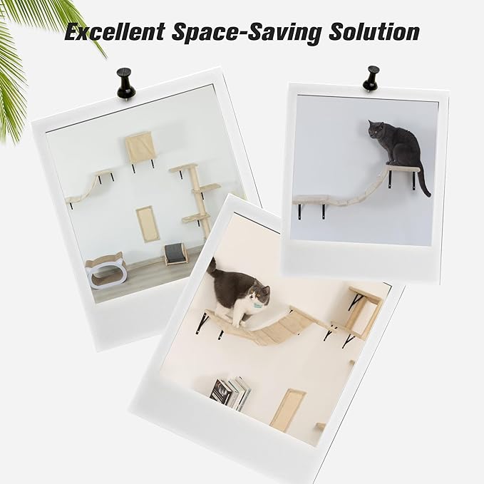 COZIWOW Wall Mounted Cat Furniture, Cat Wall Shelves and Perches, Floating Cat Shelves for Wall Set of 5(Beige)