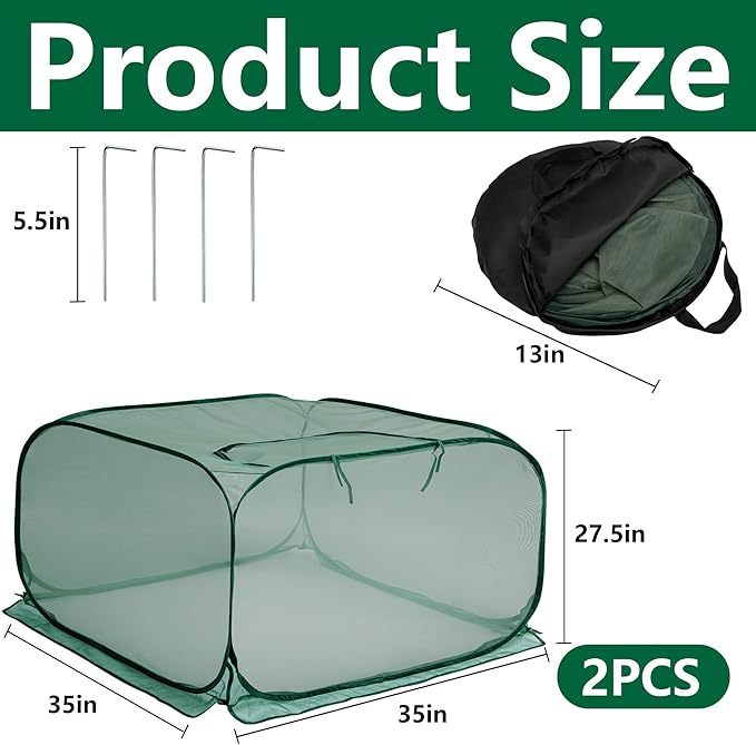 2 Pcs Pop Up Mesh Plant Cover, 35" x 35" x 27.5" Foldable Plant Protector Mesh Plant Enclosure, Garden Net Cage Guard Cover with 8 Ground Stakes for Protecting Plant Vegetable Fruit from Birds Insects