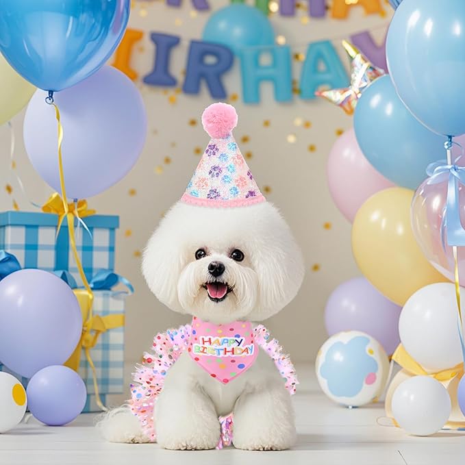 Dog Birthday Bandana with Hat and Dress Girl Set Puppy Birthday Party Supplies Cute Tutu Skirt Outfit for Small Medium Large Dogs Decorations(Purple) (Rose red)