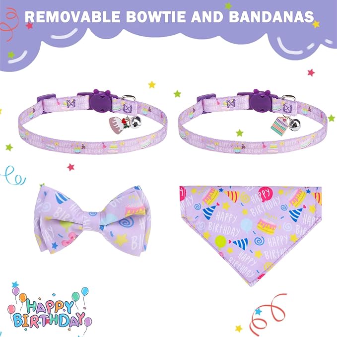 SCENEREAL Cat Bandana Collar for Birthday - 2 Pack Breakaway Kitten Collars with Bell Bowtie, Accessories for Pet, Adjustable Cute Cat Collars for Cats and Small Dogs Boys Girls, Purple