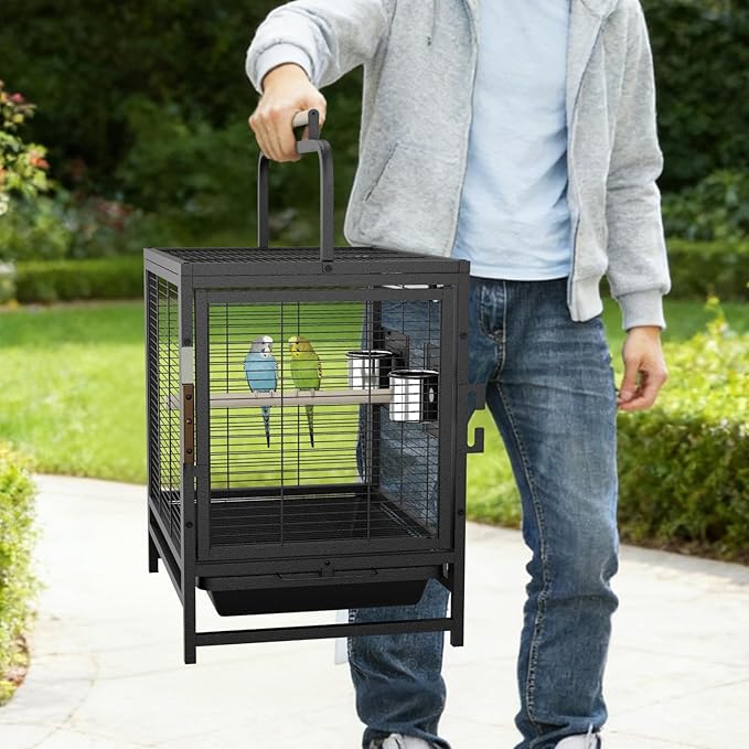 Bird Travel Carrier Cage, 19Inch Wrought Iron Small Bird Cage for Parrots Conures Lovebird Cockatiel Parakeets Black
