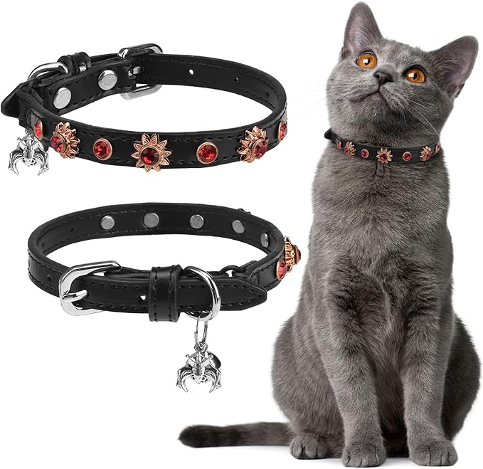 EXPAWLORER Cat Collar for Girl Boy- Adjustable Leather Pet Collar with Safety Elastic Belt,Personalized Punk Accessories Buckle Collars with Bell & Durable D-Ring,Red Diamond Sunflower
