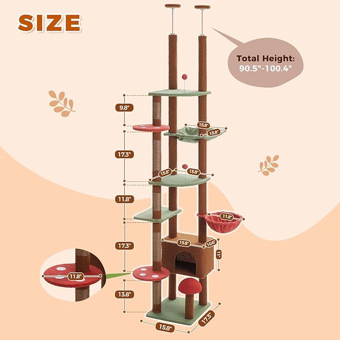 PETEPELA Floor to Ceiling Cat Tree, Adjustable 90.5''-100.4'' Cat Tower Mushroom Climbing Tree with Scratching Posts, Spacious Condo and Large Hammock for Indoor Cats Large Adult, Brown