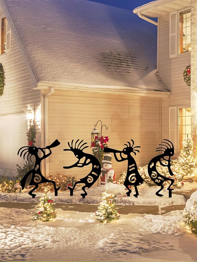 4 Piece Kokopelli Metal Garden Stakes - Native American-Inspired Southwestern Yard Art, Rustic Outdoor Decor for Lawn, Patio, Garden Pathway; Fade-Resistant Ornaments for Thanksgiving Day