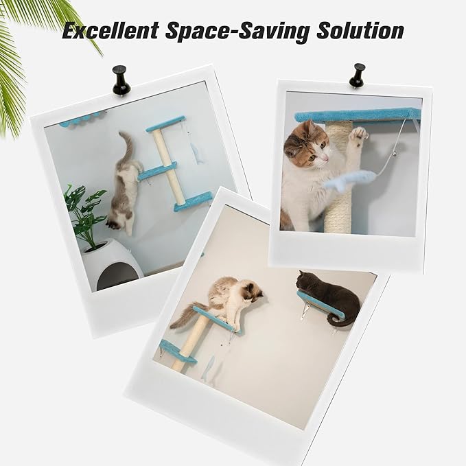 COZIWOW 4-Piece Wall-Mounted Cat Tree Set – Sturdy Wood Pet House, Scratching Board, Platforms, Sisal Posts & Blue Fish Charm – Ocean Blue