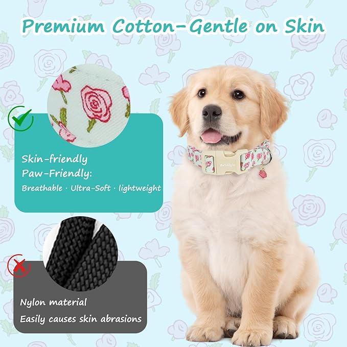 Dog Collar for Medium Dogs, Spring &Summer Theme Blue Medium Dog Collars with Pink Rose Pattern, Adjustable Puppy Dog Collars, Cute Girl or Boy Dog Collar Ideal for Gifts,Pet Accessory