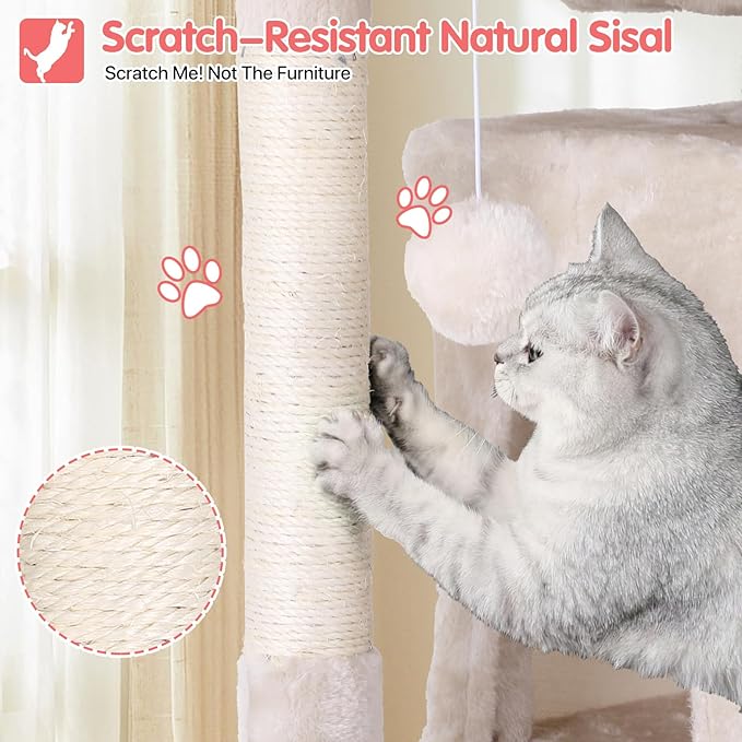 70in Cat Tree Cat Climbing Tower with Scratching Post, Cats House Perch Kitten Tree Condo Wood Playhouse, Pet Trees Tower for Indoor Cats, Beige