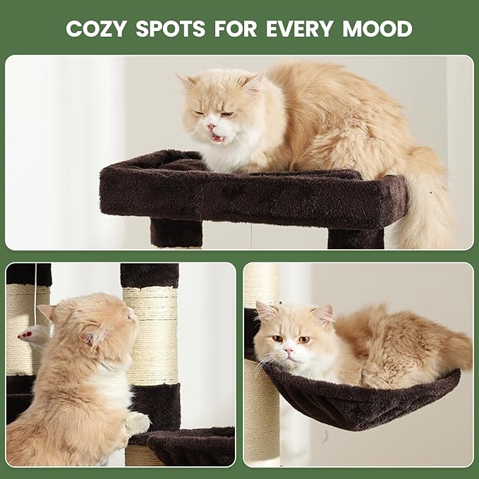 Cat Tree, 50.31-Inch Cat Tower for Indoor Cats, Cat House with Padded Platform Bed, Toy Mouse Ball, Large Cozy Condo, Hammocks and Sisal Scratching Posts for Kittens Play, Brown