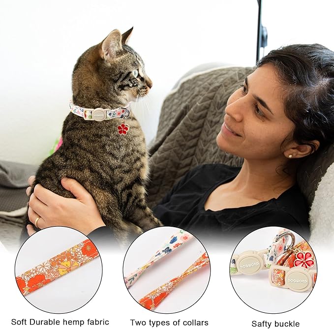 2 Pack Flower Cat Collars Breakaway with Bell, DOGWONG Safety Buckle Rose Floral Cute Cat Collar for Girl Boy Cats，Adjustable 7-12 Inch