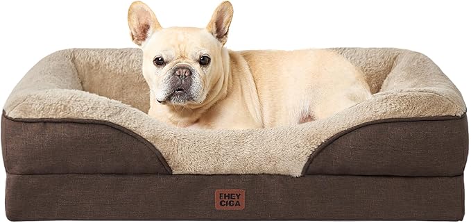EHEYCIGA Orthopedic Dog Bed for Medium Dog, 30x20x6.5 Inch Memory Foam Dog Couch Bed with Sides, Waterproof Liner & Washable Removable Cover, Bolster Pet Sofa, Brown