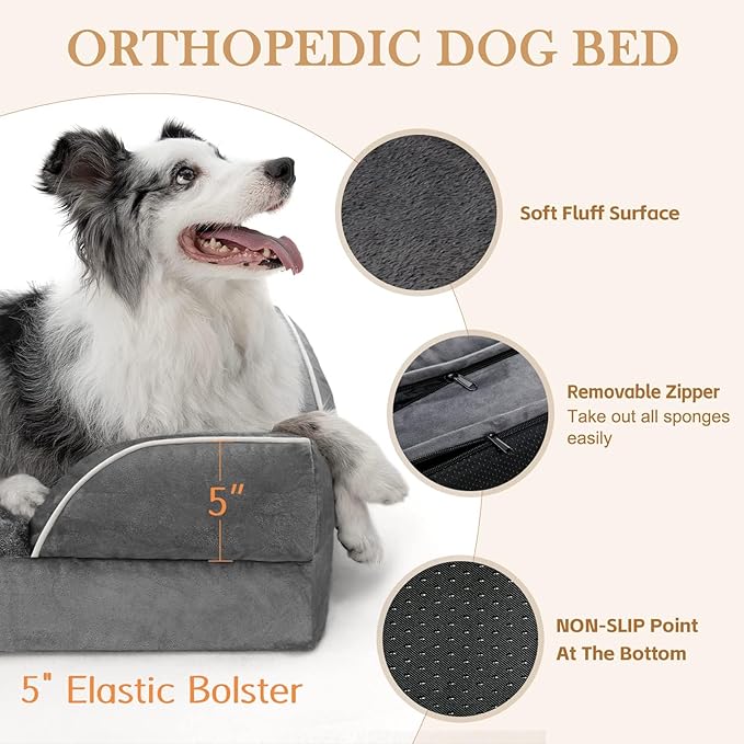 Comfort Expression Orthopedic Dog Bed for Extra Large Dogs 48x30 Inch, Waterproof Egg Crate Foam XXL Pet Bed with Removable Bolsters, Dog Couch with Washable Cover & Non-Slip Bottom, Dark Grey