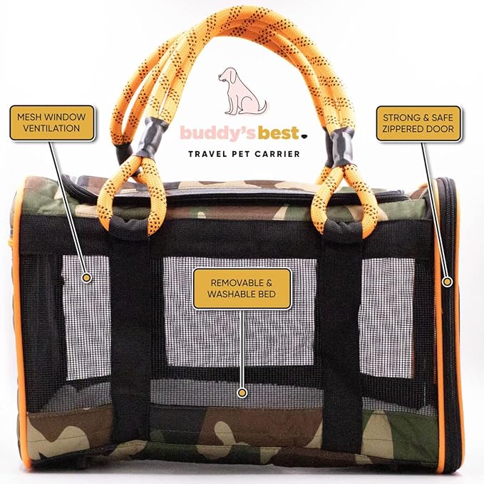 Buddy's Best Airline Approved Pet Carrier Black & Pink Heavy Duty, Fits Under Seat, TSA Compliant, Ventilated Mesh Design w/Waterproof Base & Reflective Safety Strips