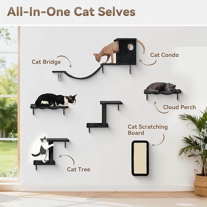 6-in-1 Cat Wall Shelves, Wall-Mounted Cat Furniture for Indoor Kittens, Modern Floating Shelves with Scratching Posts, Bed, Perch, Bridge, Condo, Steps and Scratcher, Space-Saving Gym, Black