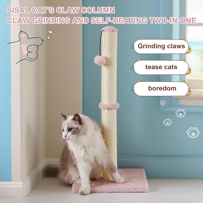 Dimaka Tall Cat Scratching Post, Claw Scratcher with Sisal Rope and Covered with Soft Smooth Plush, Vertical Scratch [Full Strectch] for Standard Size Cats (Pink, 29 inches for All Cats)