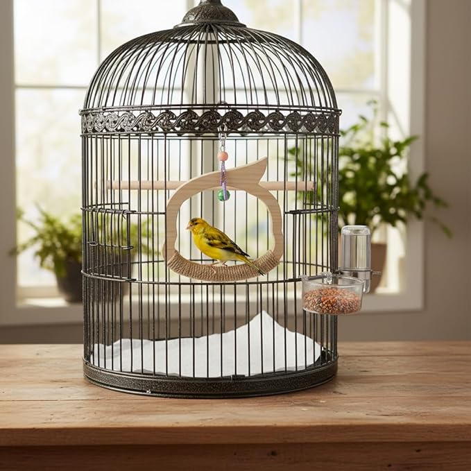 Wooden Bird Swing Perch Toy for Small and Medium Parrots, Natural Wood Ring with Bell and Rope Wrap, Hanging Cage Toy for Cockatiels, Budgies, Lovebirds, Conures