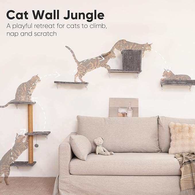 FUKUMARU Cat Wall Shelves, Stable & Safe 4 in 1 Cat Wall Mounted Furniture Set, Wooden Climbing Tree with Scratching Post for 16 Inch Drywall - Gray