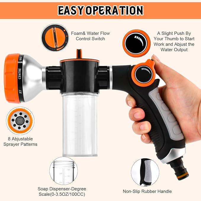 Dog Wash Hose Attachment, Garden Hose Nozzle Sprayer with Soap Dispenser, 8 Patterns High Pressure Water Hose Spray Nozzles for Watering Plants, Car Washes, Pet Showers
