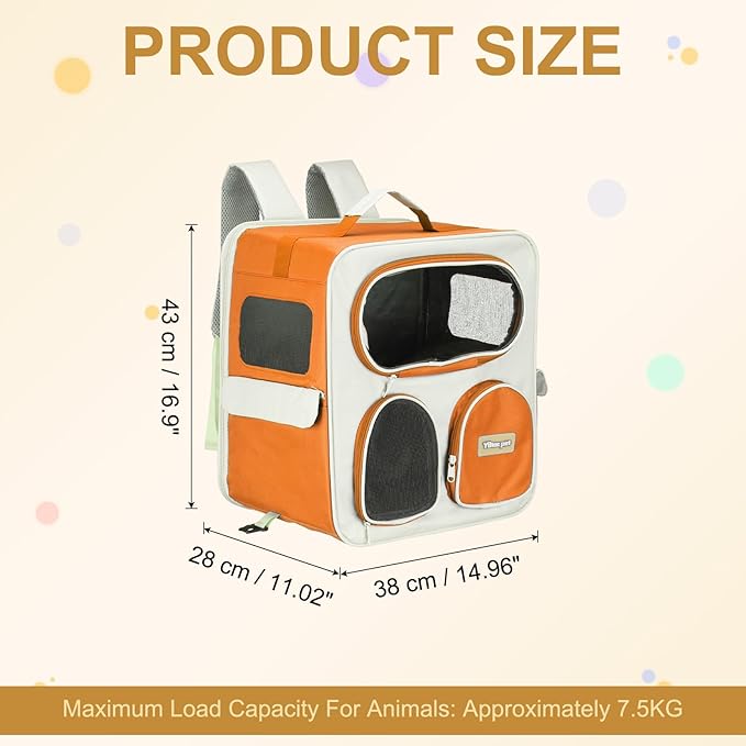 Pet Backpack Carrier, Portable and Ventilated, Nylon Dogs Cats and Small Animals Travel Bag 14.96", (Orange, 1 Pcs), Intended for Hiking/Camping/Traveling