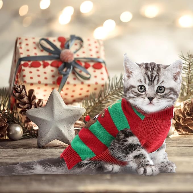 Dog Cat Christmas Sweater Boy Girl Ugly Reindeer Xmas Pet Clothes Holiday Puppy Costume New Year Gifts for Small Medium Large Dogs Outfits (M, Red Green Stripe Reindeer)