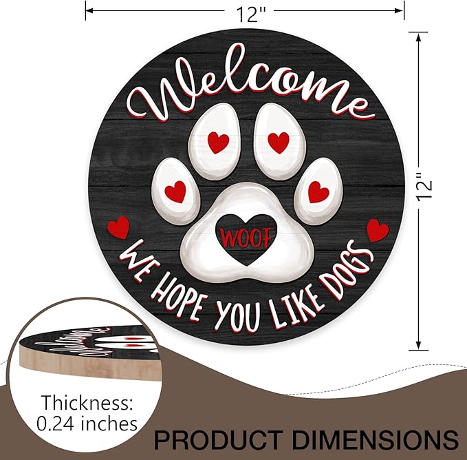 Deroro Welcome We Hope You Like Dogs Front Door Sign, Dog Cat Paw Print Black Farm Wood Door Hanger Outdoor Porch Decor, Woof Farmhouse Wooden Wreath Indoor Wall Hanging Decoration Dog Lover Gifts