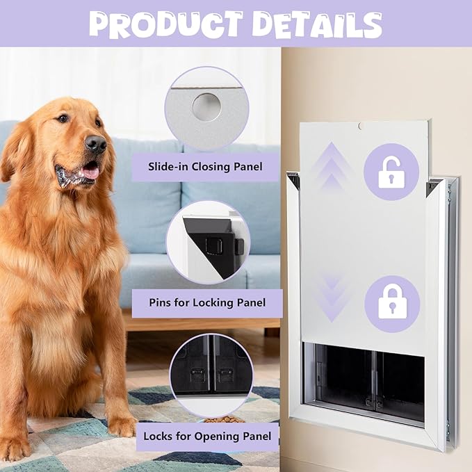 Sliver Pet Door with Panels, Aluminum Dog Door with Automatic Closing Magnetic Flaps, Medium Doggie Door, Slide-in Panel & 4 Security Locks, Suitable for Doors, Screen and Wall