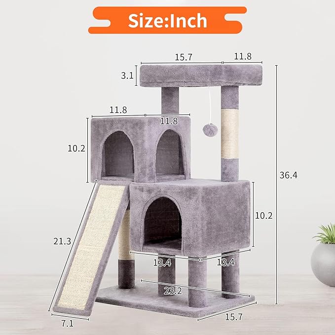 Cat Tree Tower, 36.4" Small Cat Tower for Indoor Cats with Cat Scratching Post with Bed, Cat Condo, Hang Ball, Multi-Level Cat Climbing Tower Cat Trees Cat Furniture Activity Center, Ashy
