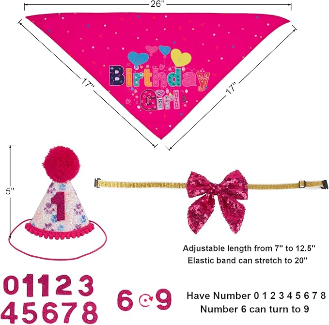 PTDECOR Dog Birthday Party Supplies, Girl Dog Birthday Hat with Numbers Pet Puppy Bandanas Hat Bow Set for Small Medium Large Dogs Pets (Pink)