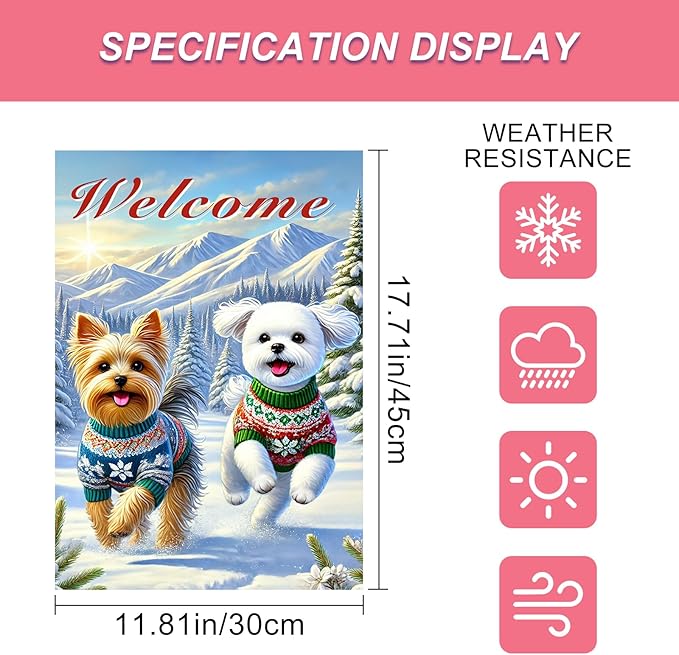 Welcome Winter Garden Flag Two Cheerful Dogs Flag Winter Sweaters 12x18 Inch Double Sided Outdoor Banner For Front Yard Porch Lawn Patio Seasonal Home Decor Pet Animal Outside