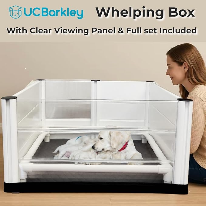 Whelping Box for Dogs and Puppies with Clear Window Panel – Modular, Easy-Clean, Safe Design with Pig Rail, Floor Liner & Washable Pad | UC Barkley Premium 48 Inch