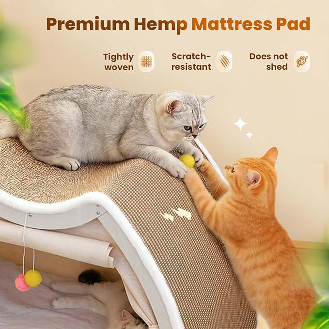 Cat Houses for Indoor Cats - 4 Seasons Cat Bed Cave with Natural Sisal Cat Scratcher Mat, Solid Wood Frame Cat House with Curtains and Cat Floor Scratching Pad Rug, Protect Couch and Carpets, M