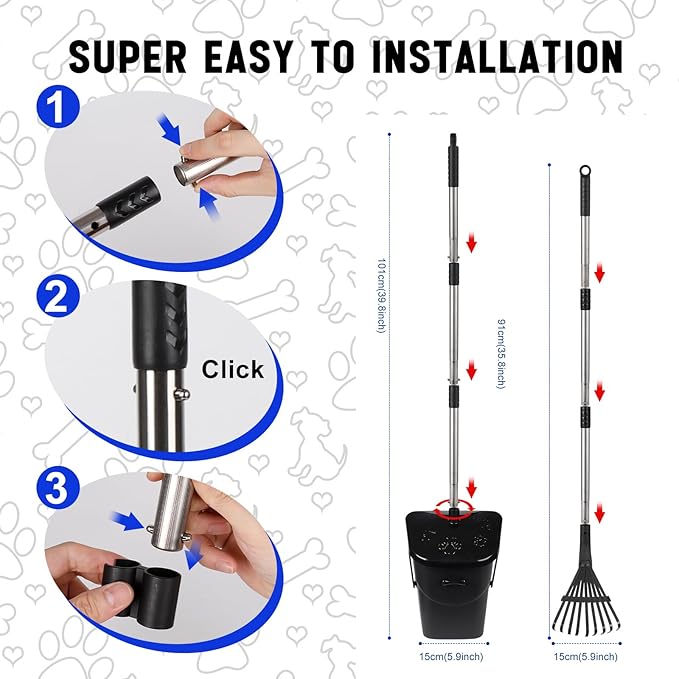 39.8'' Long Handle Dog Pooper Scooper with 20 Bag Attachment Heavy Duty Swivel Bin & Rake Pooper Scooper for Large Medium Dogs Easy to Clean Poop Scooper for Yard, Grass, Gravel