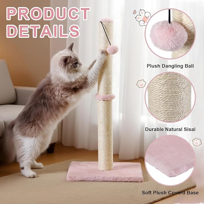 Dimaka Tall Cat Scratching Post, Claw Scratcher with Sisal Rope and Covered with Soft Smooth Plush, Vertical Scratch [Full Strectch] for Standard Size Cats (Pink, 29 inches for All Cats)