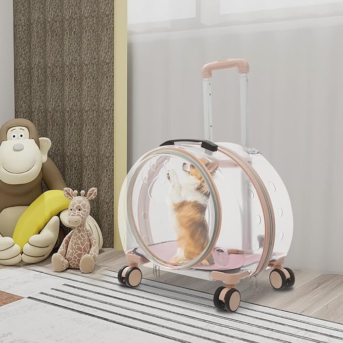 Transparent & Fully Breathable Hard Cat Carrier with Rolling Wheels, Multiple Carrying Carrier for Cats, Dogs, Or Bunnies for Traveling, Taking a Walk, Applicable Weighing up to 19.84lbs (Pink,Clear)
